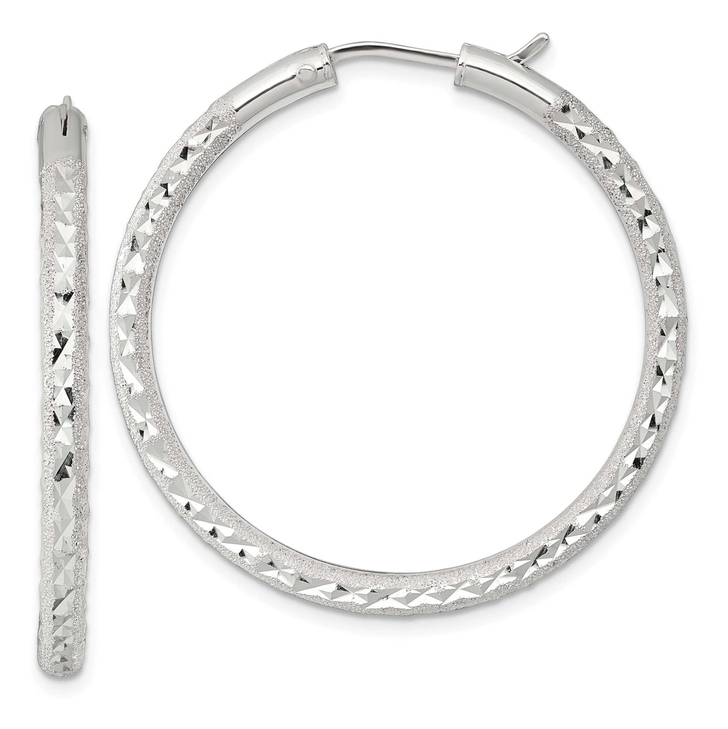 Laser and Diamond-Cut 40x3.25mm Hidden Catch Round Hoop Earrings Sterling Silver, MPN: QE17855, UPC: