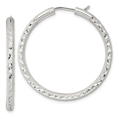 Laser and Diamond-Cut 40x3.25mm Hidden Catch Round Hoop Earrings Sterling Silver, MPN: QE17855, UPC: