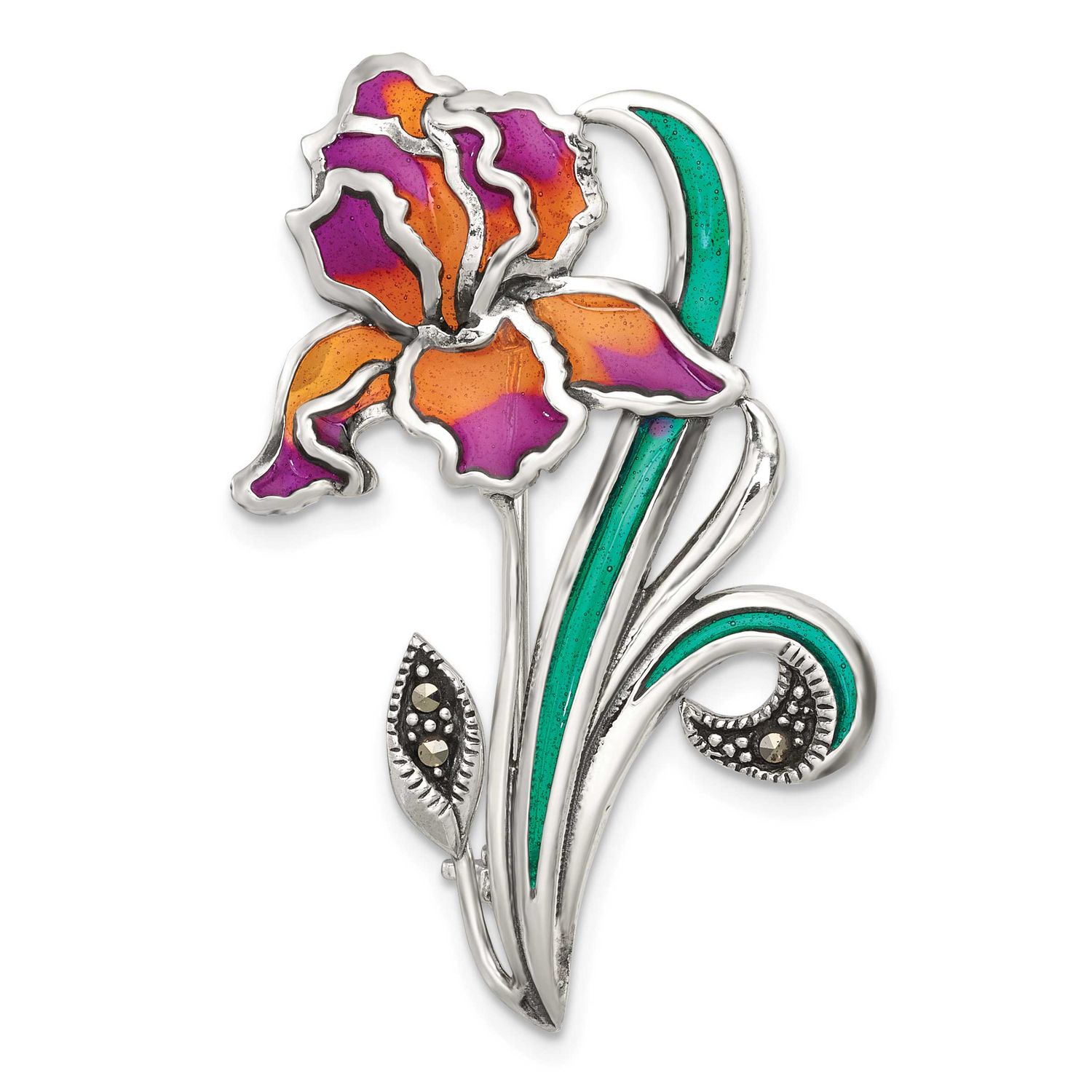 Marcasite Purple/Yellow Epoxy Iris Floral Pin Sterling Silver Antiqued, MPN: QP5923, UPC: