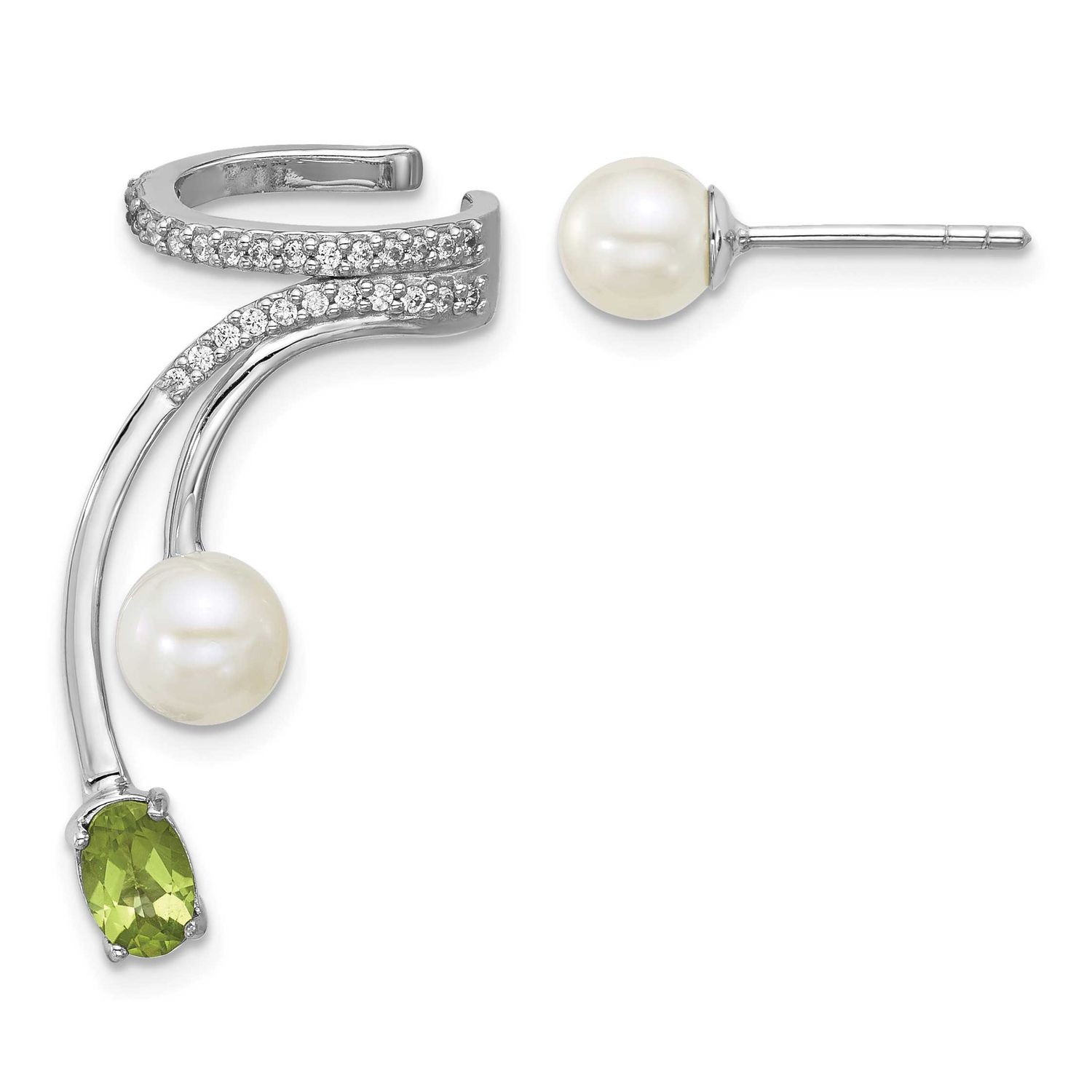 CZ Fwc Pearl Peridot Post and Cuff Asymmetric Earrings Sterling Silver Rhodium-Plated, MPN: QE18336…
