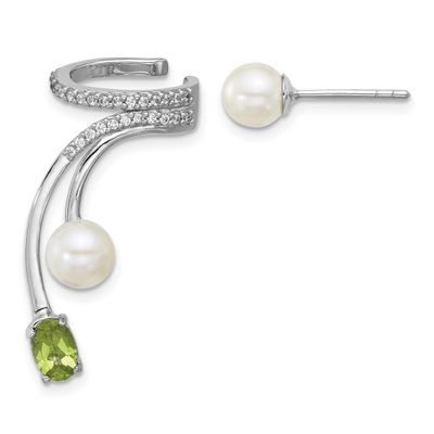 CZ Fwc Pearl Peridot Post and Cuff Asymmetric Earrings Sterling Silver Rhodium-Plated, MPN: QE18336…