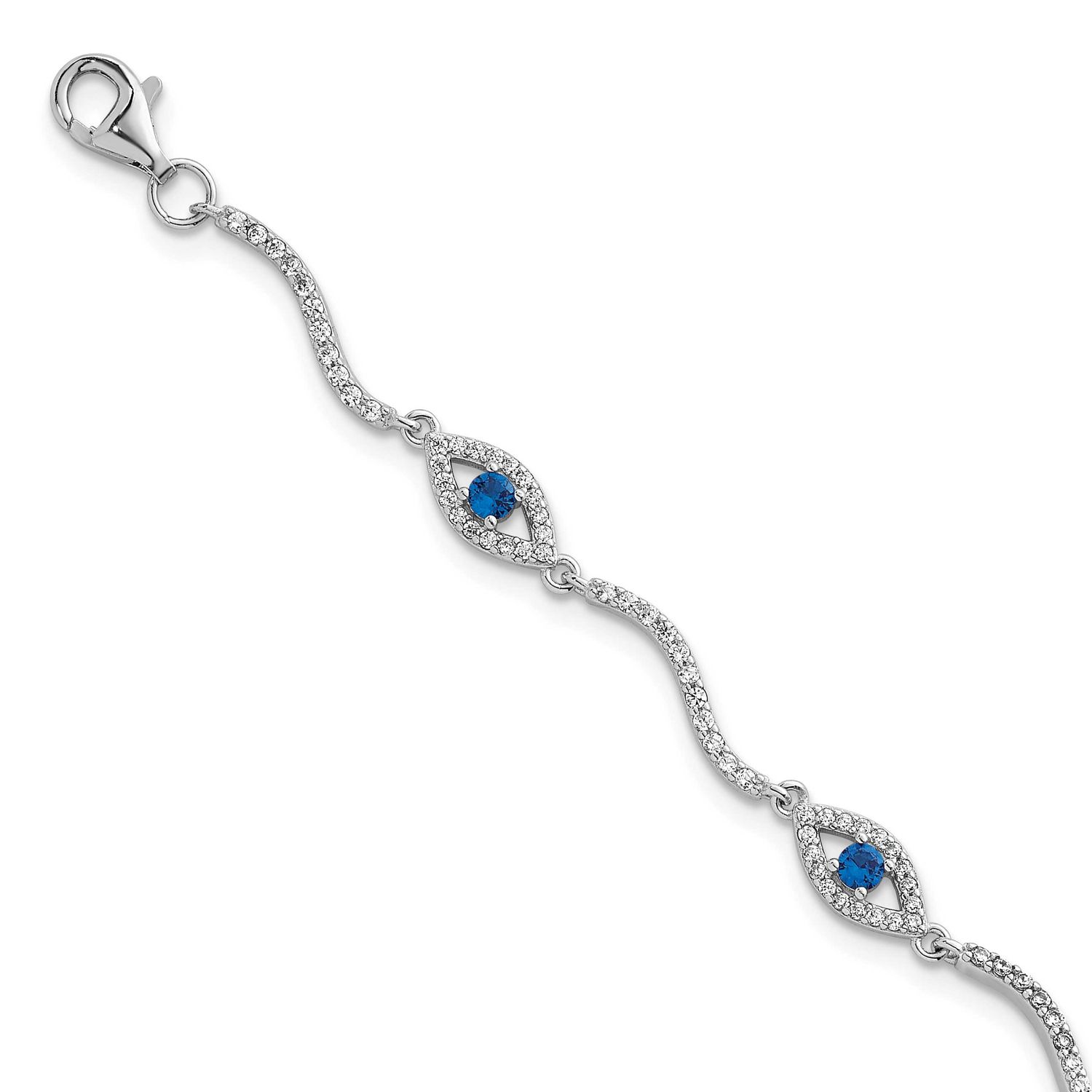 Lab Cr. Spinel CZ Evil Eye 6 Inch with 2 Inch Extension Bracelet Sterling Silver Rhodium-Plated Pol…