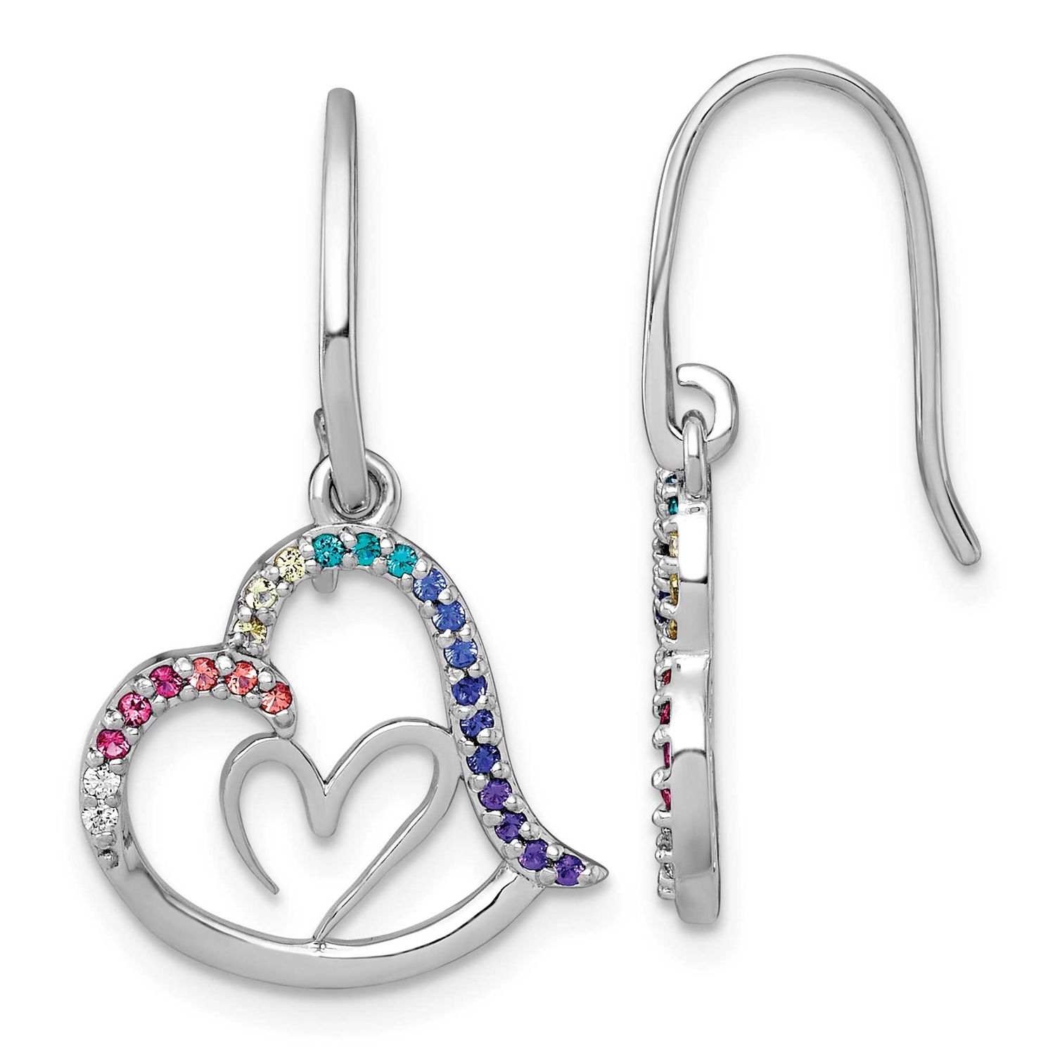 Multi Color Nano Crystal Heart Dangle Shepherd Hook Earrings Sterling Silver Rhodium-Plated, MPN: Q…