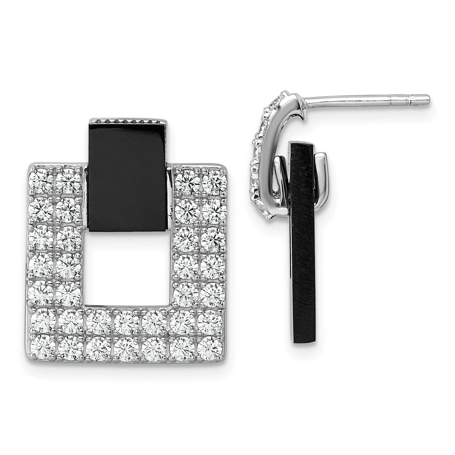 CZ Black Agate Square Dangle Mis-Matched Earrings Sterling Silver Rhodium-Plated, MPN: QE18050, UPC: