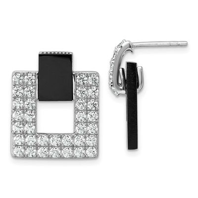 CZ Black Agate Square Dangle Mis-Matched Earrings Sterling Silver Rhodium-Plated, MPN: QE18050, UPC: