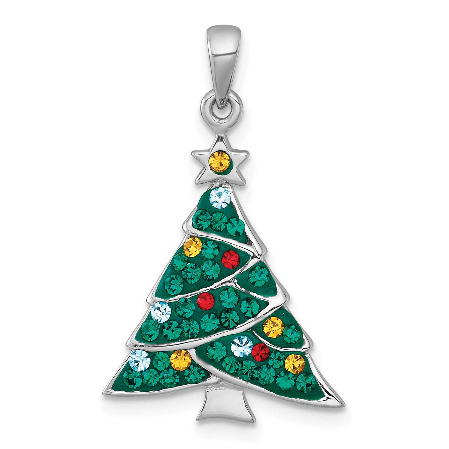 Multi Color Crystal Christmas Tree Charm Sterling Silver Rhodium-Plated, MPN: QC11557, UPC:
