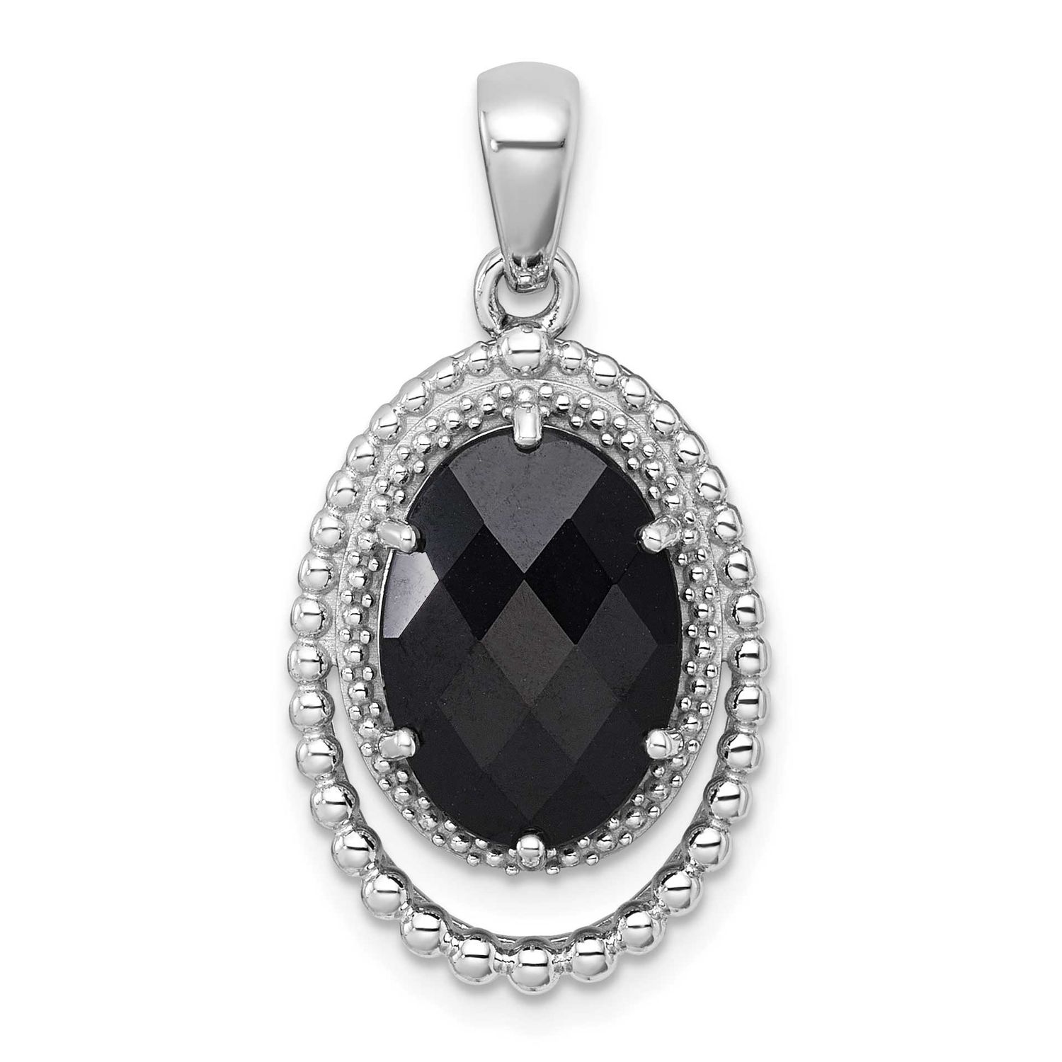 Polished and Beaded Faceted Black Onyx Oval Pendant Sterling Silver Rhodium-Plated, MPN: QP5939, UP…