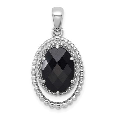 Polished and Beaded Faceted Black Onyx Oval Pendant Sterling Silver Rhodium-Plated, MPN: QP5939, UP…
