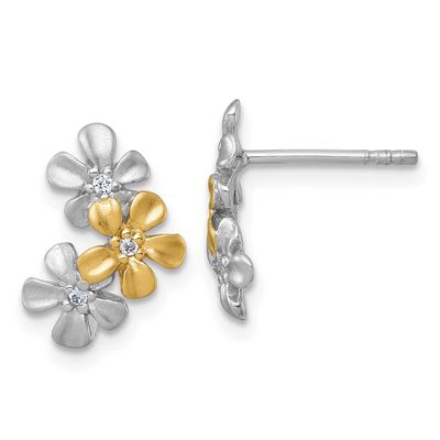 Gold-Plated Flower CZ Post Earrings Sterling Silver Rhodium-Plated, MPN: QG7230E, UPC: