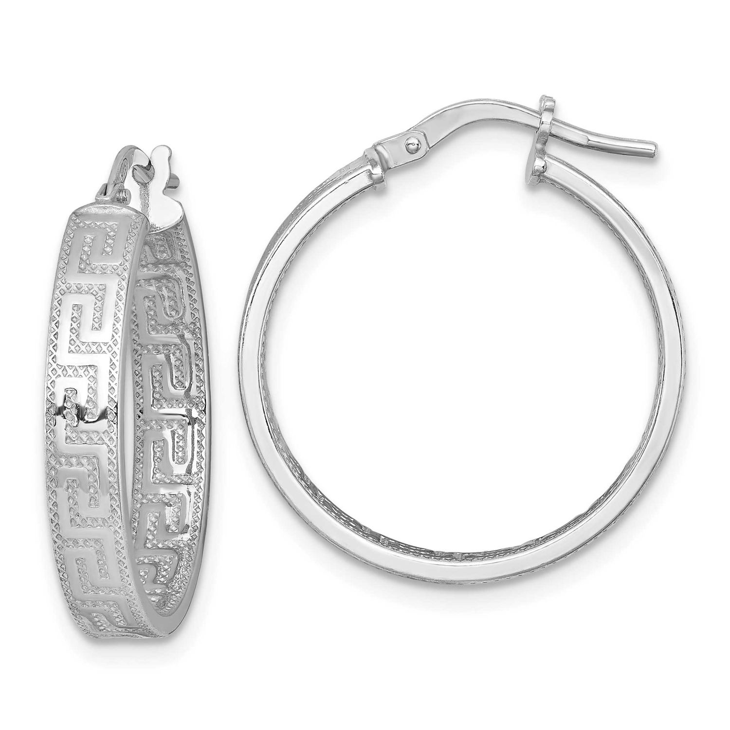 Textured Greek Key Hoop Earrings Sterling Silver Rhodium-Plated Polished, MPN: QE17867, UPC: