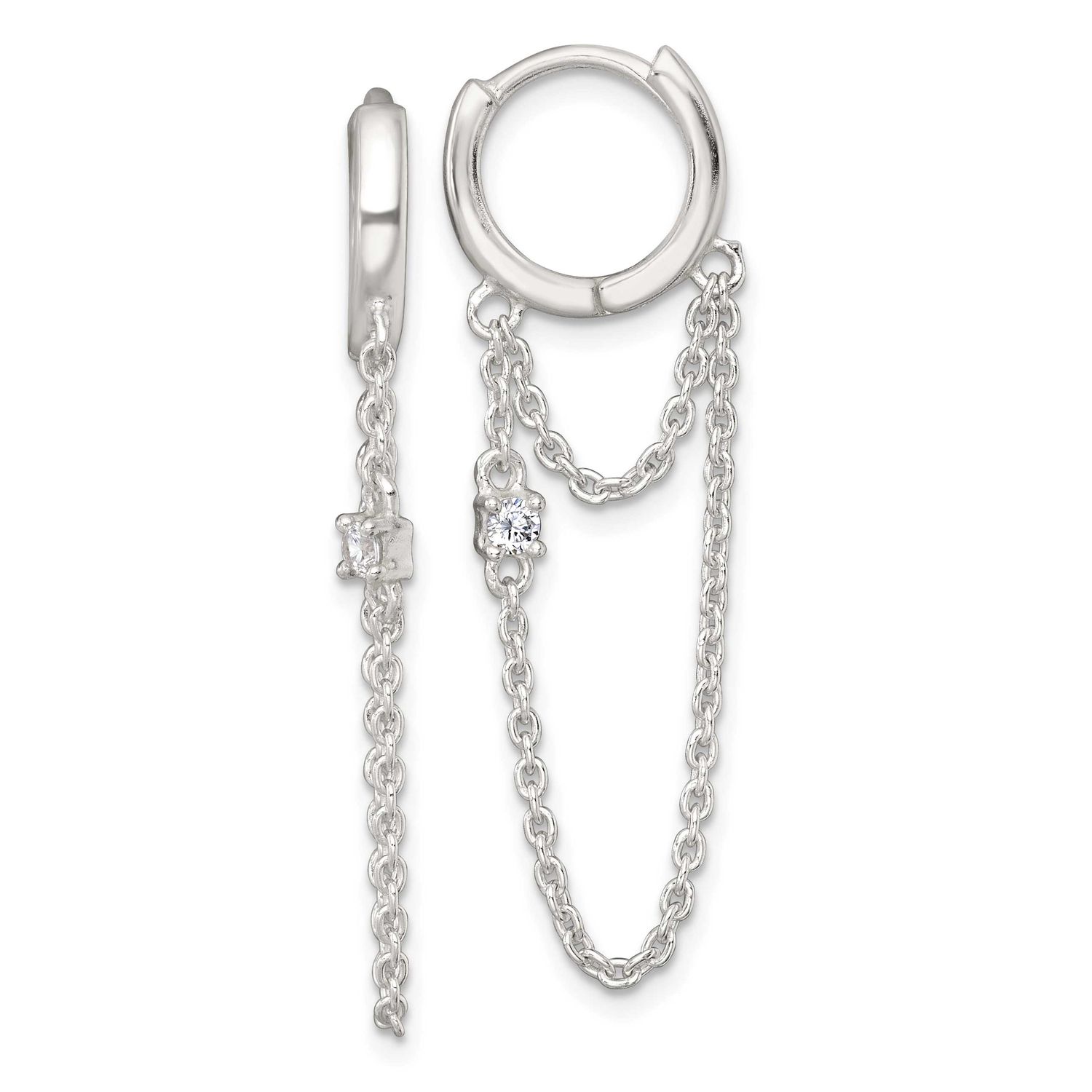 CZ Dangling Chain Hinged Round Hoop Earrings 40.32 Inch Sterling Silver Polished, MPN: QE18068, UPC: