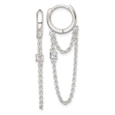 CZ Dangling Chain Hinged Round Hoop Earrings 40.32 Inch Sterling Silver Polished, MPN: QE18068, UPC: