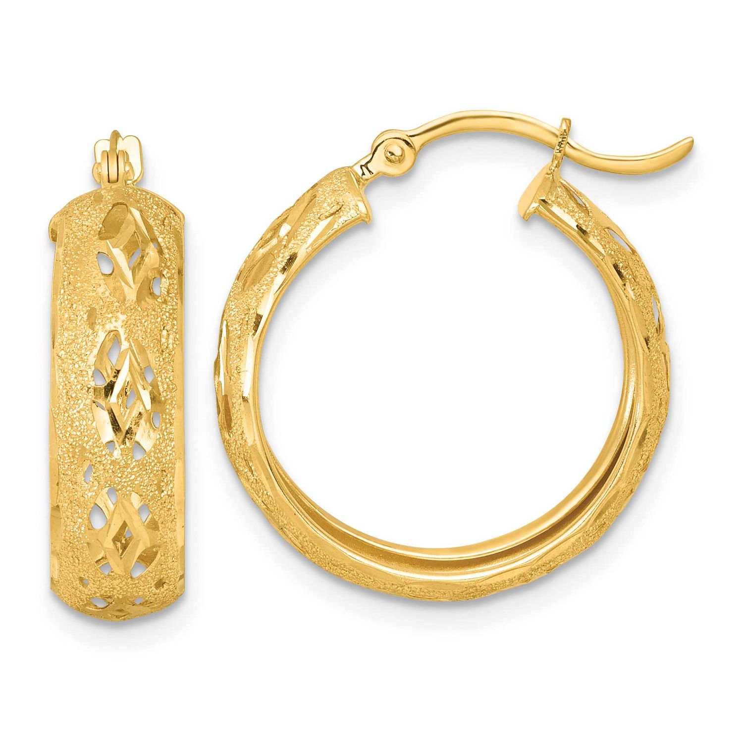 Laser &amp; Diamond-cut 6.15mm Fancy Design Round Hoop Earrings 14k Gold Polished, MPN: TF2406, UPC: