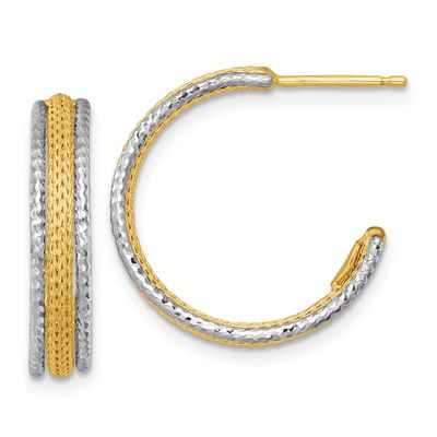 Textured Woven 4mm J-Hoop Post Earrings 14k Two Tone Gold, MPN: SF3203E, UPC: