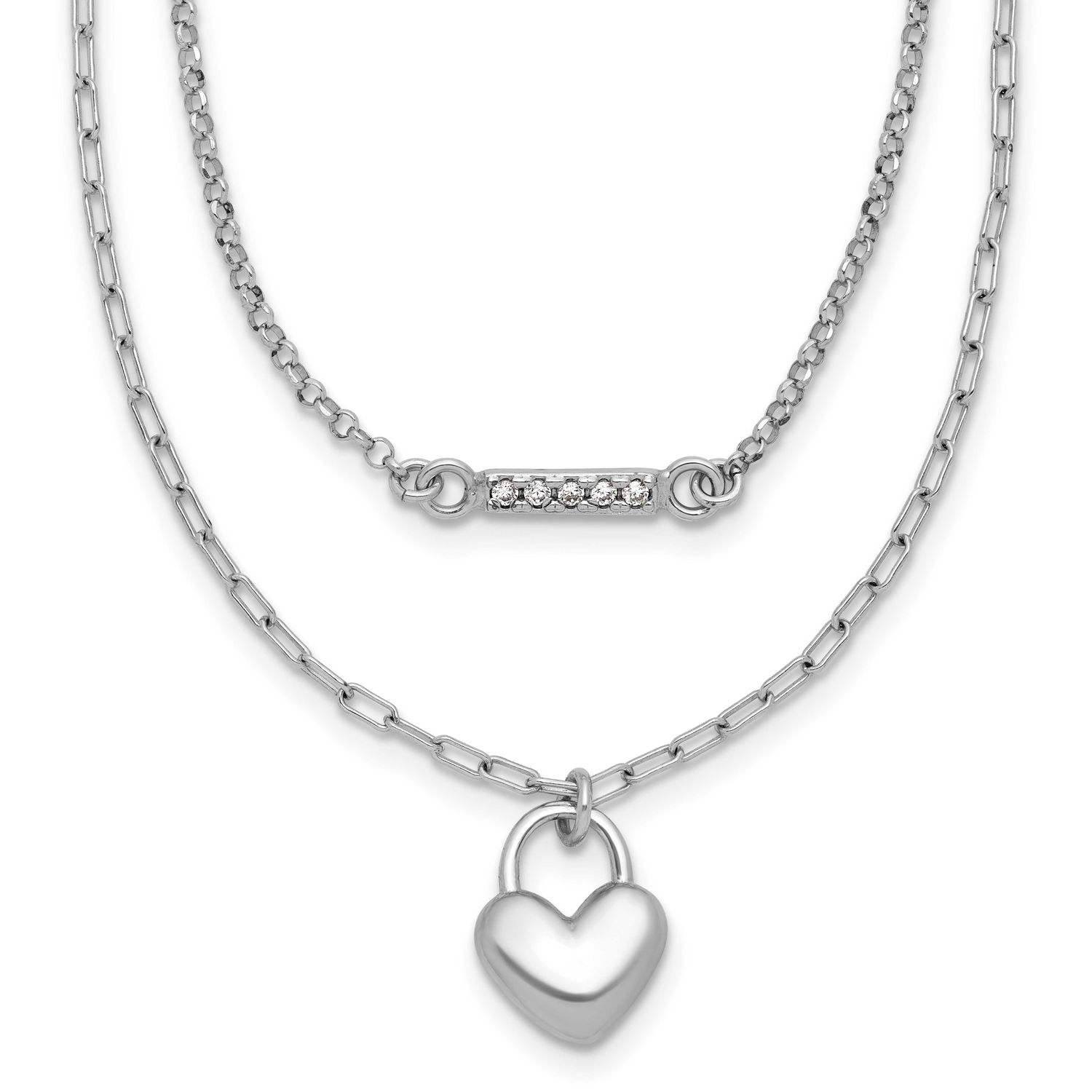 CZ Puffed Heart 16 Inch with 2 Inch Extender 2-Strand Necklace Sterling Silver Rhodium-Plated, MPN:…