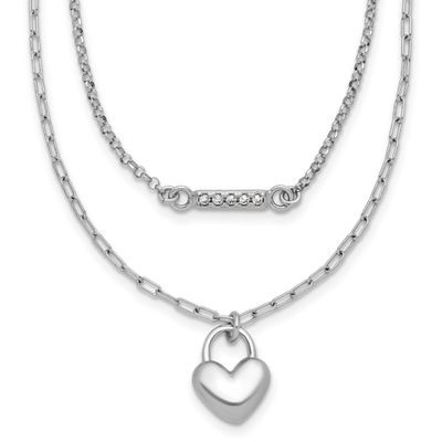 CZ Puffed Heart 16 Inch with 2 Inch Extender 2-Strand Necklace Sterling Silver Rhodium-Plated, MPN:…