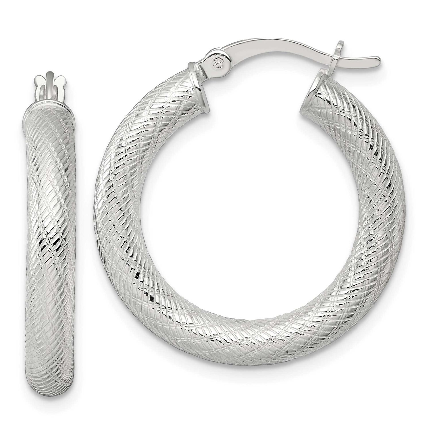 Textured 25x4.0mm Round Hoop Earrings Sterling Silver Polished, MPN: QE17883, UPC: