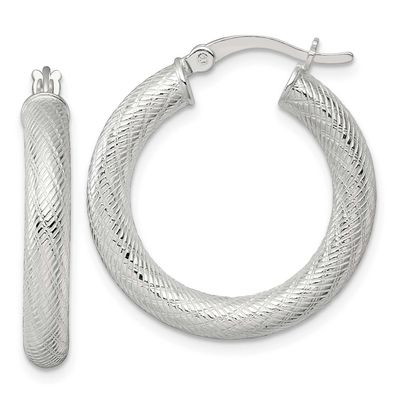 Textured 25x4.0mm Round Hoop Earrings Sterling Silver Polished, MPN: QE17883, UPC: