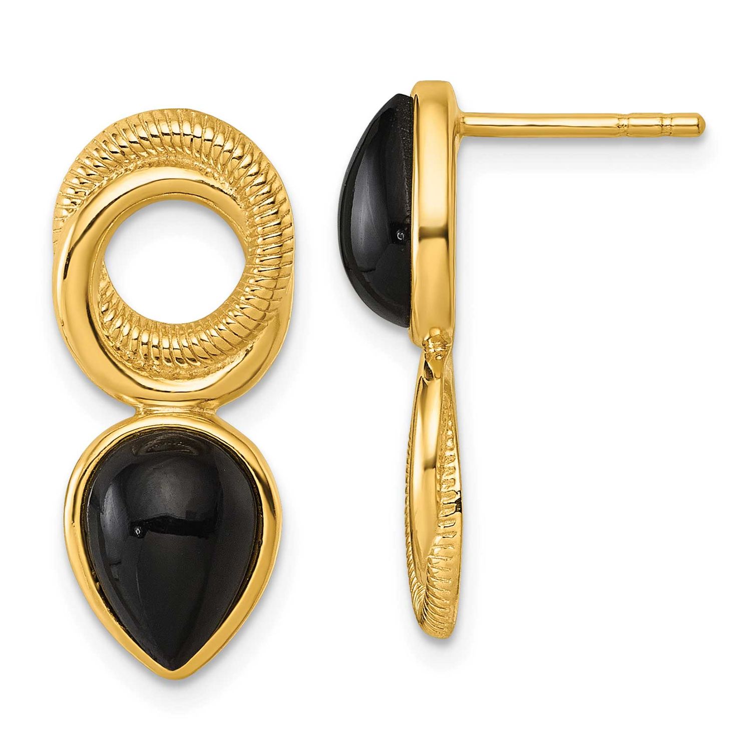 Black Agate Circle Teardrop Post Earrings Sterling Silver Gold-Tone, MPN: QE18049GP, UPC: