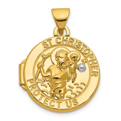 Rhodium Polished St. Christopher Protect Us 16mm Round Locket 14k Gold, MPN: XL888, UPC: