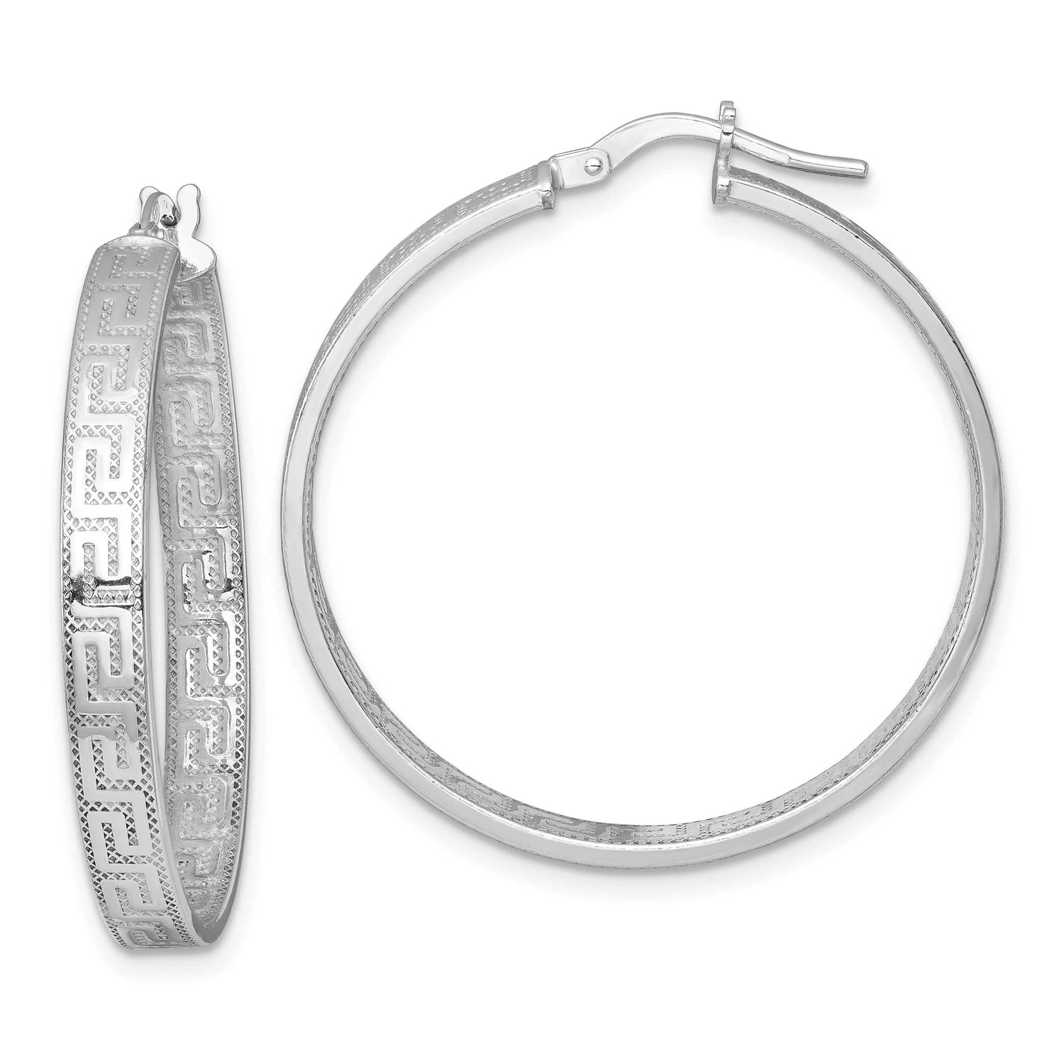 Textured Greek Key Hoop Earrings Sterling Silver Rhodium-Plated Polished, MPN: QE17869, UPC: