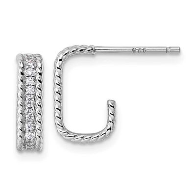 CZ Textured Rectangle Post J-Hoop Earrings Sterling Silver Rhodium-Plated, MPN: QE18100, UPC: