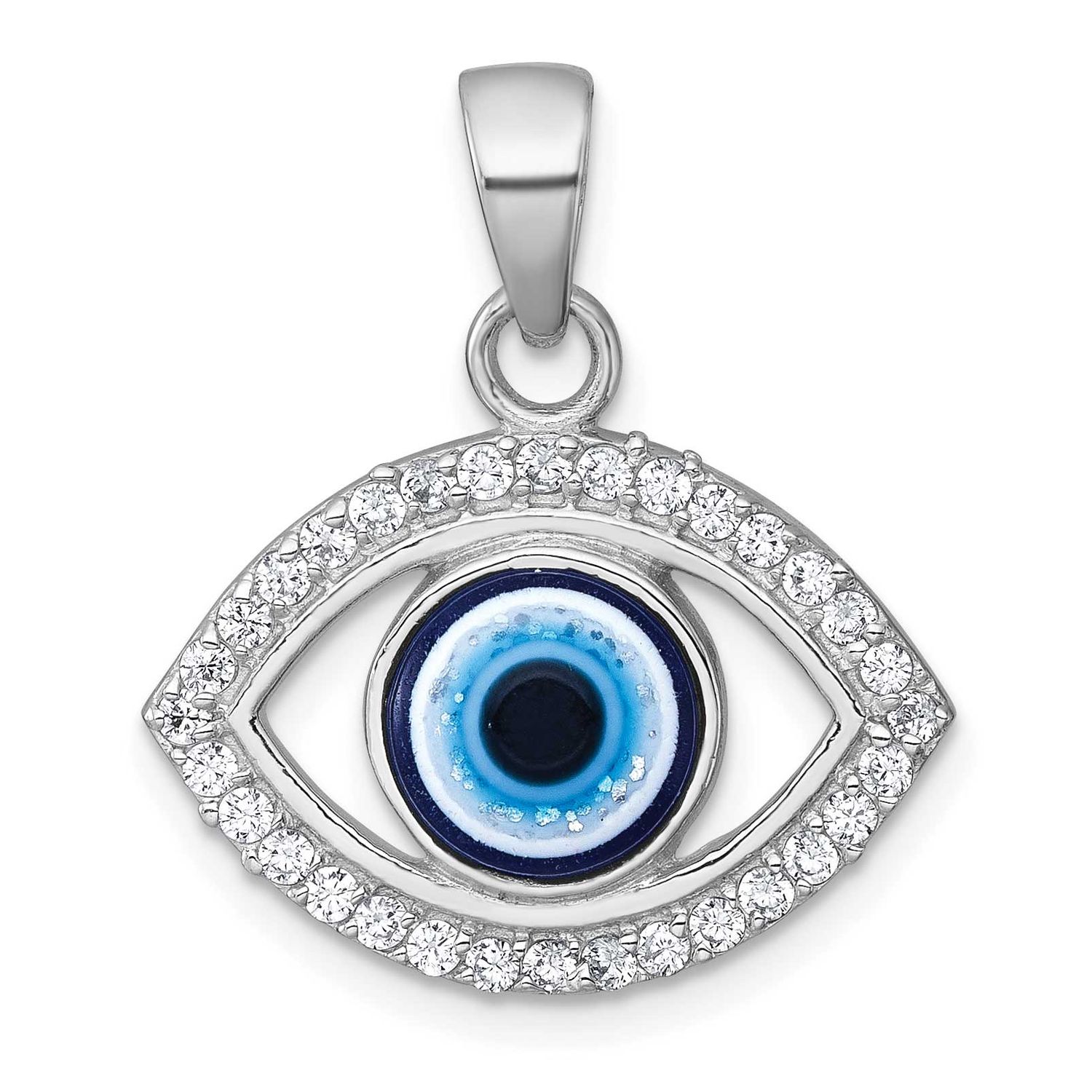 Polished CZ and Glass Evil Eye Pendant Sterling Silver Rhodium-Plated, MPN: QC11581, UPC:
