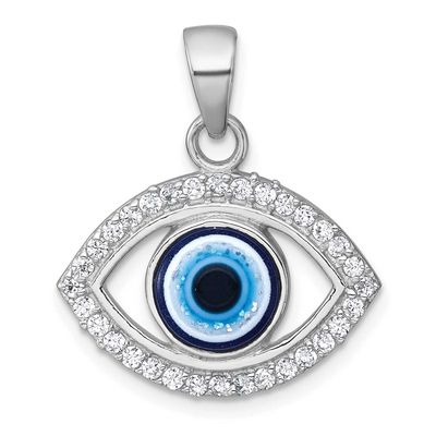 Polished CZ and Glass Evil Eye Pendant Sterling Silver Rhodium-Plated, MPN: QC11581, UPC: