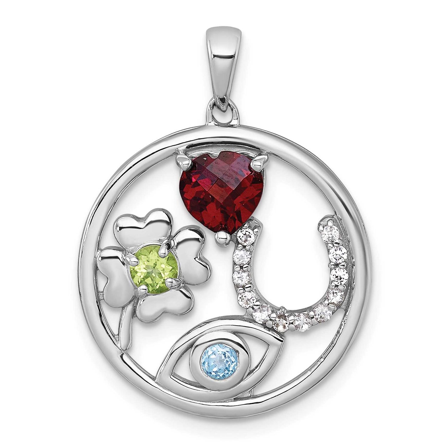 Polished Garnet Peridot and Light Swiss Blue and White Topaz Good Luck Pendant Sterling Silver Rhod…