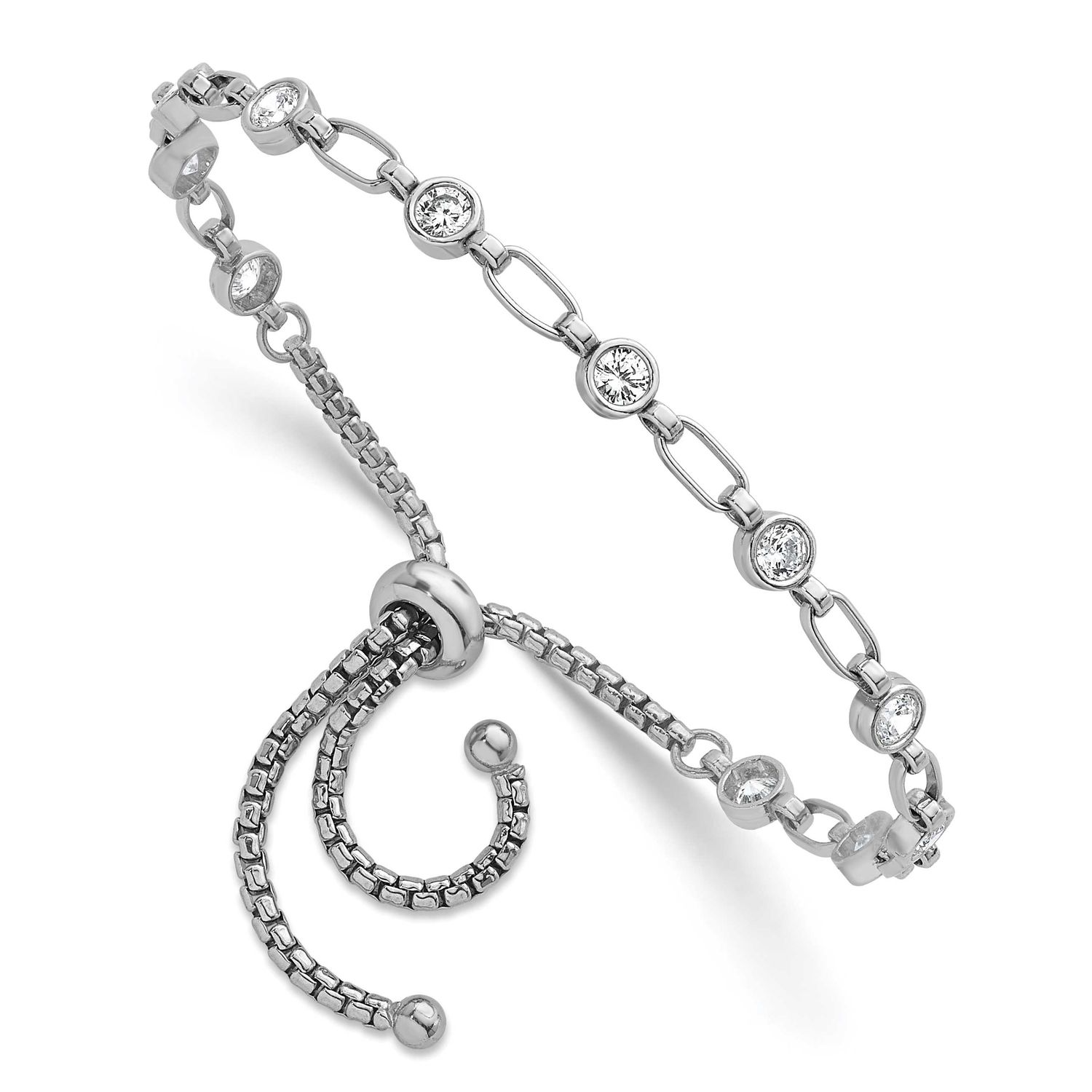 Polished CZ Bolo Bracelet Sterling Silver Rhodium-Plated, MPN: QG6800, UPC: