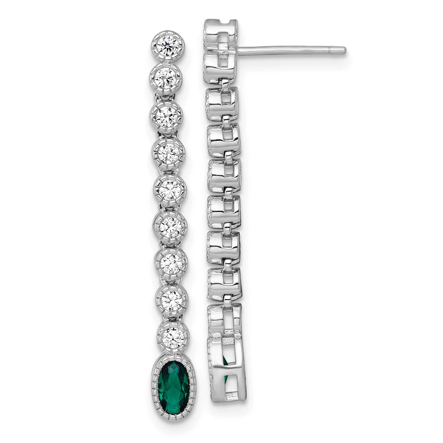 Green White CZ Post Dangle Earrings Sterling Silver Rhodium-Plated Polished, MPN: QG6998E, UPC: