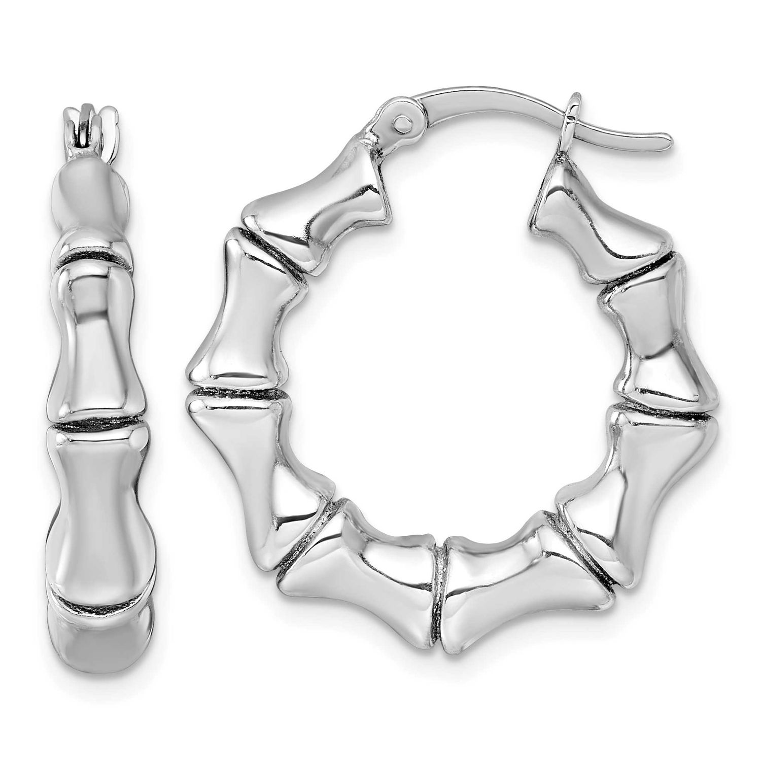 Polished Bamboo Round Hoop Earrings Sterling Silver Rhodium-Plated, MPN: QE17932, UPC:
