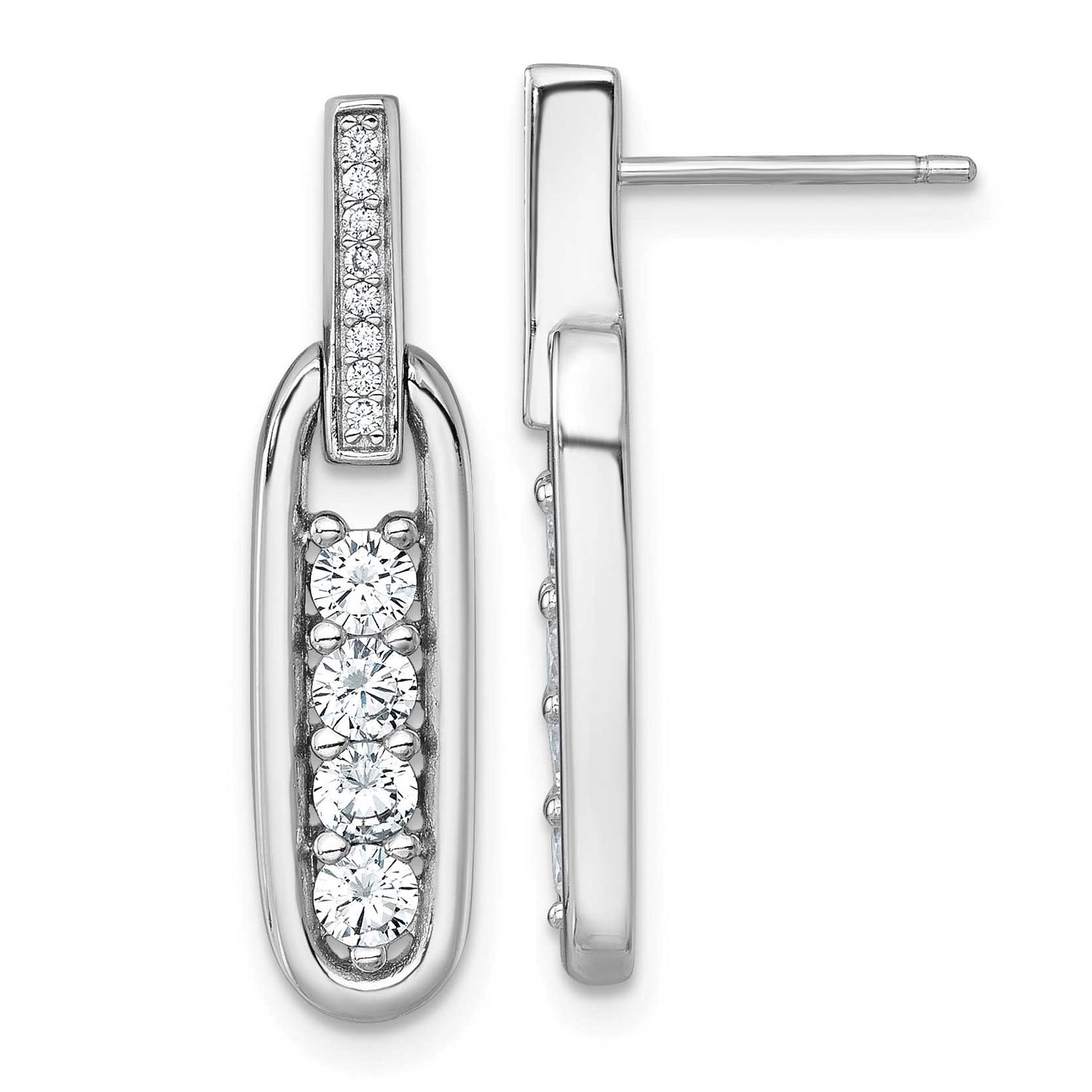 CZ Elongated Oval Post Dangle Earrings Sterling Silver Rhodium-Plated Polished, MPN: QG7151E, UPC: