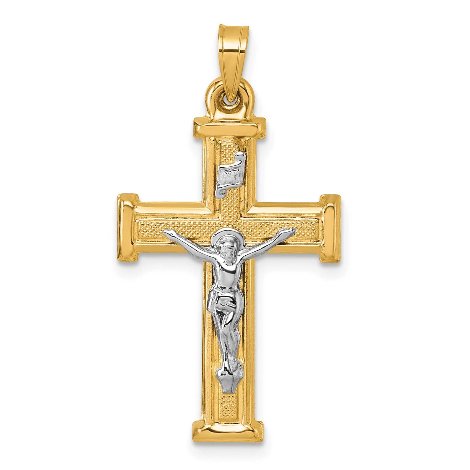 Textured Inri Crucifix Cross Pendant 14k Gold with Rhodium Polished, MPN: XR2181, UPC: