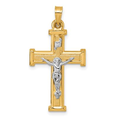 Textured Inri Crucifix Cross Pendant 14k Gold with Rhodium Polished, MPN: XR2181, UPC: