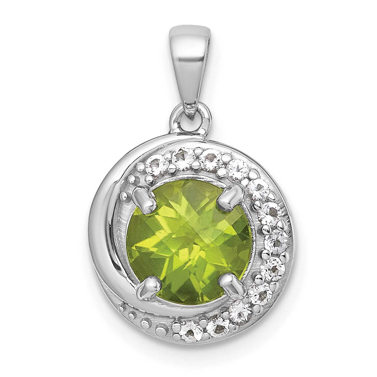 Polished Checker-Cut Round Peridot and White Topaz Circle Pendant Sterling Silver Rhodium-Plated, M…