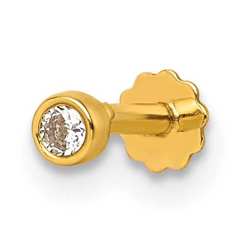 Round Bezel CZ 16 Gauge Labret Stud 14k Gold Polished, MPN: BD298, UPC: