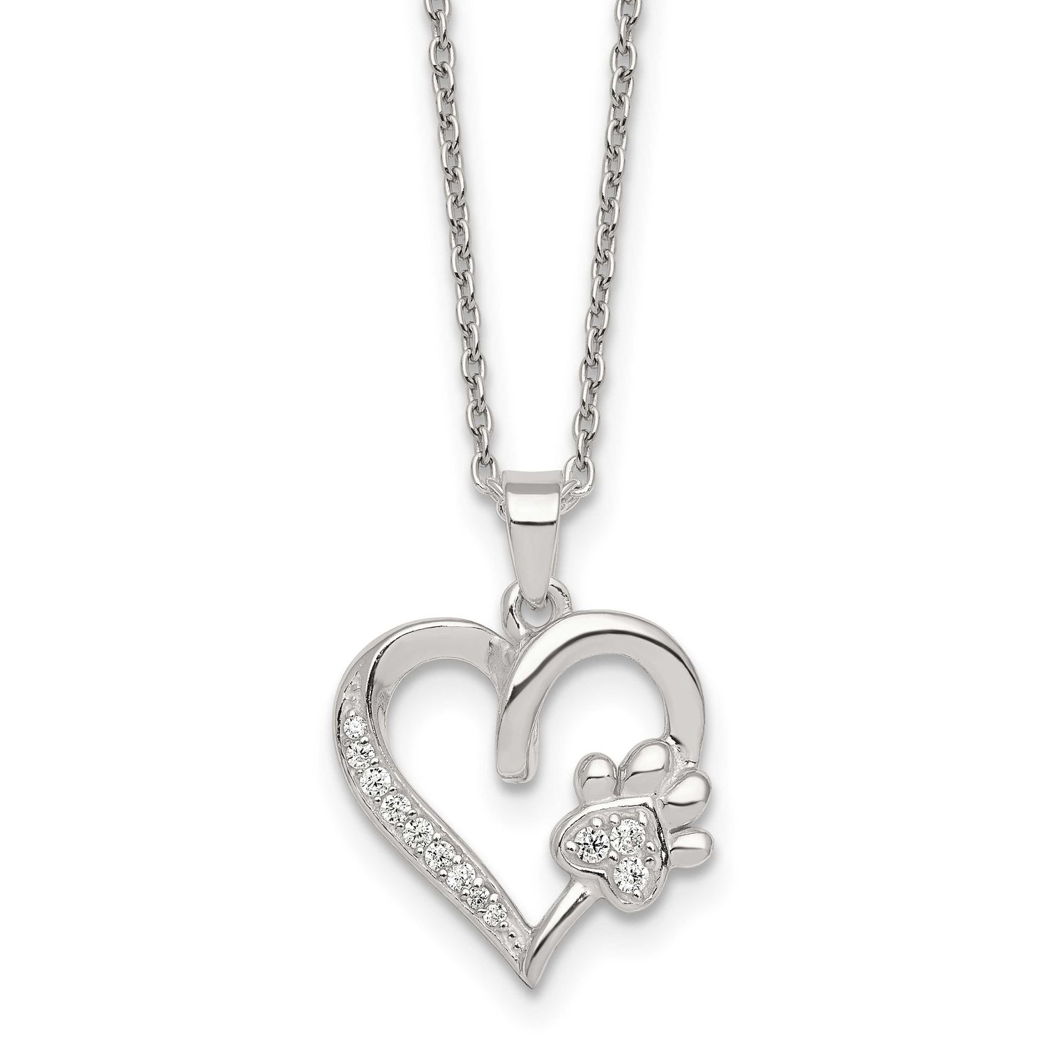 CZ Heart and Paw Necklace Sterling Silver Polished, MPN: QG7033-16, UPC: