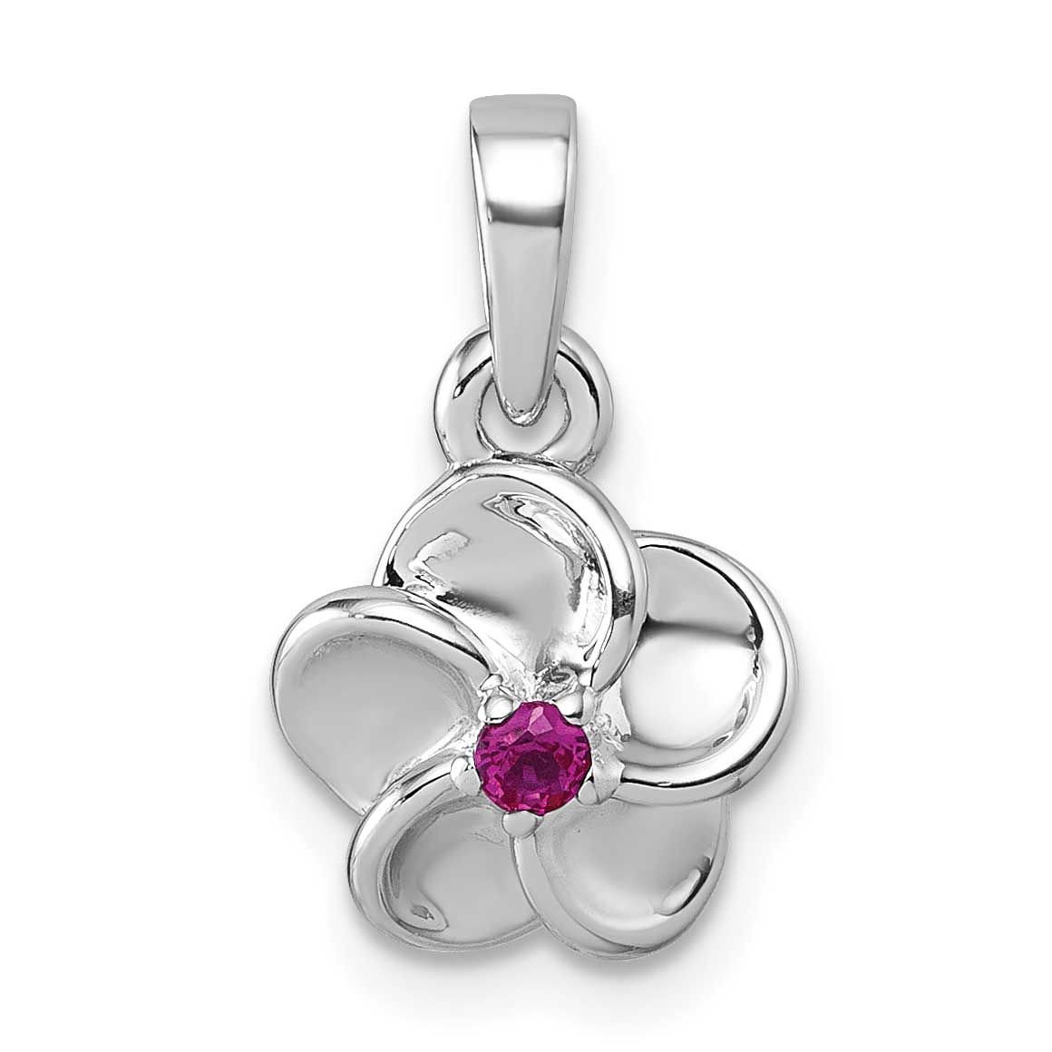 Red CZ Flower Pendant Sterling Silver Rhodium-Plated, MPN: QG7228P, UPC: