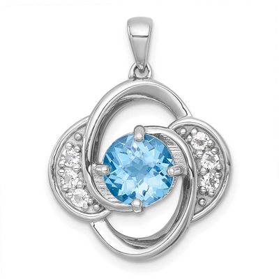 Polished Checker-Cut Round Light Swiss Blue Topaz and White Topaz Pendant Sterling Silver Rhodium-P…