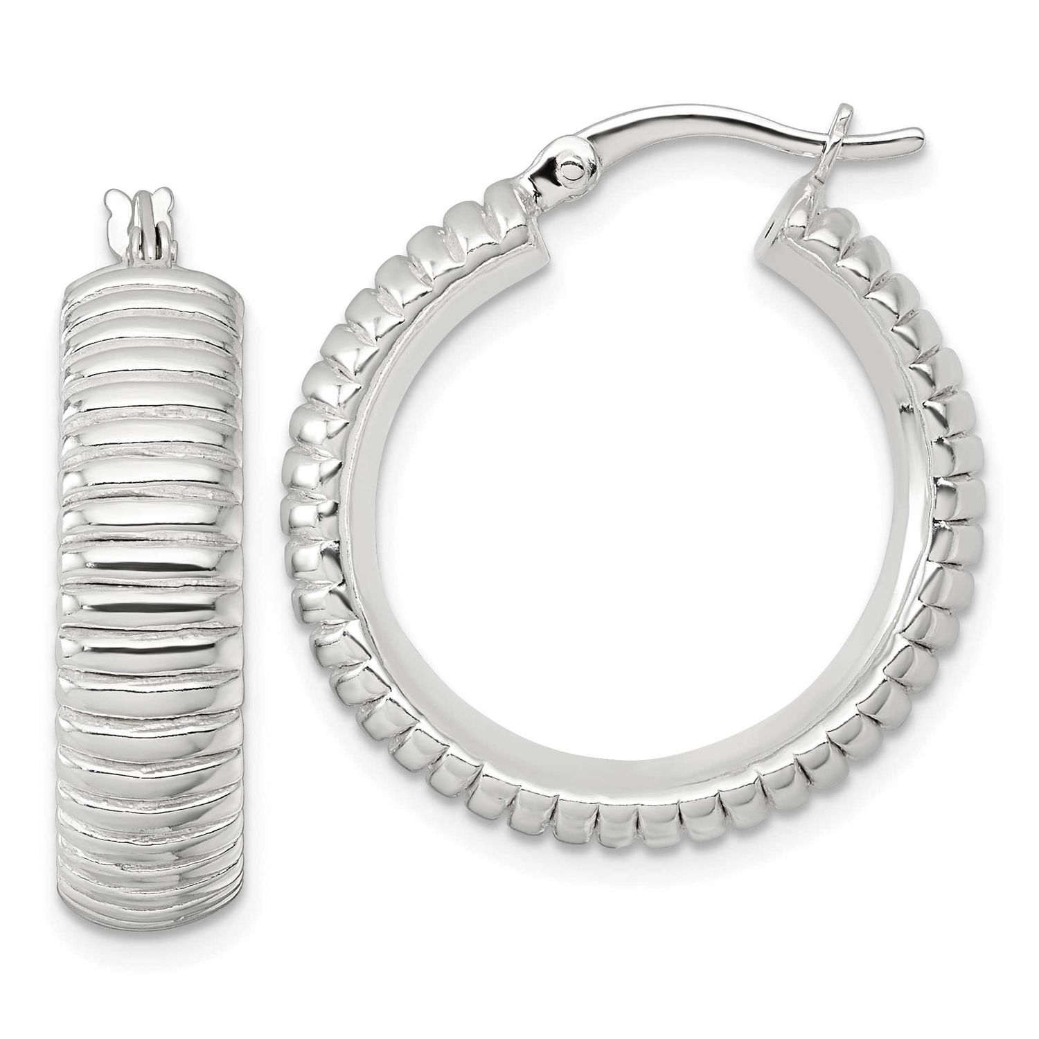 Grooved 26x7mm Round Hollow Hoop Earrings Sterling Silver Polished, MPN: QE17878, UPC: