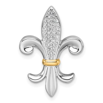 14k Accent Polished CZ Fleur De Lis Chain Slide Pendant 29.5 Inch Sterling Silver Rhodium-Plated, M…