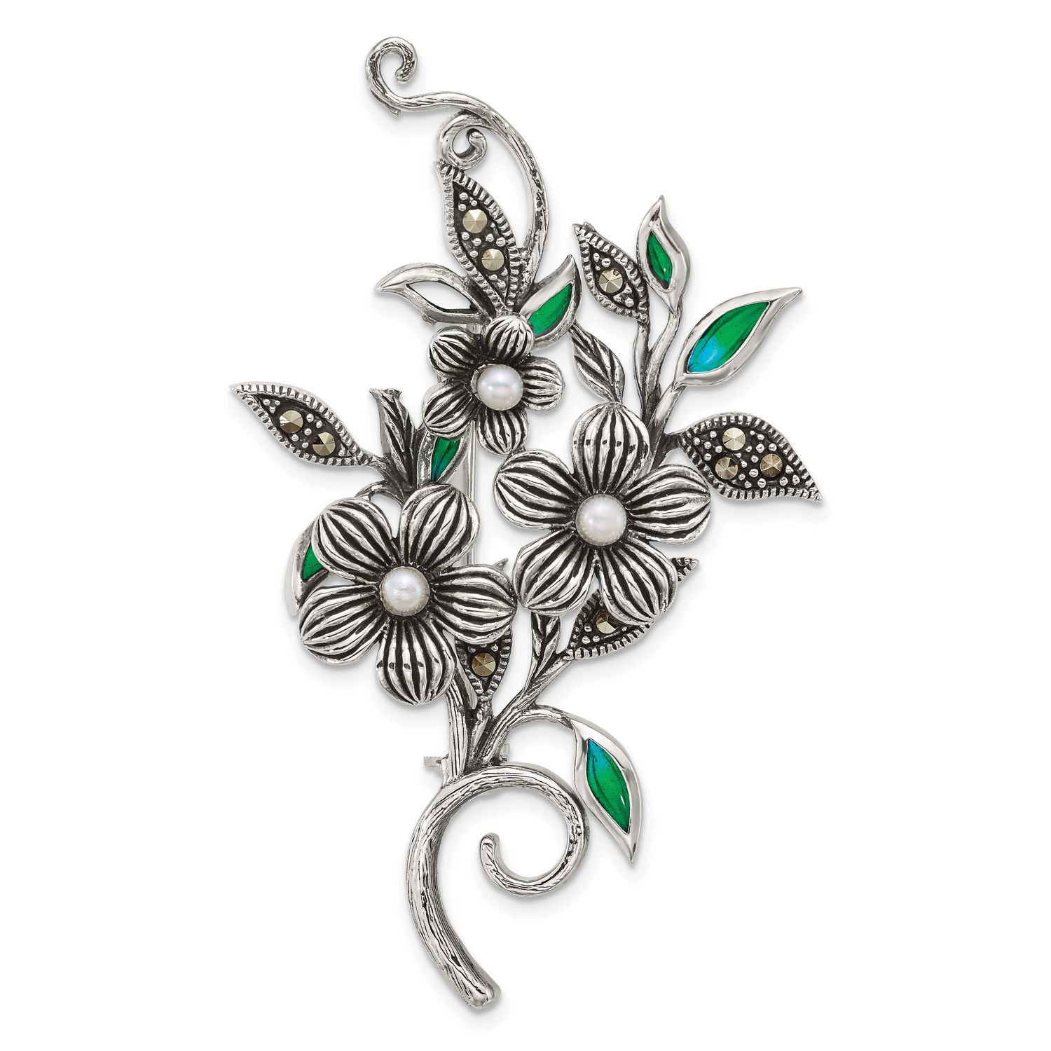 Marcasite Fwc Pearl and Green Epoxy Floral Pin Sterling Silver Antiqued, MPN: QP5924, UPC: