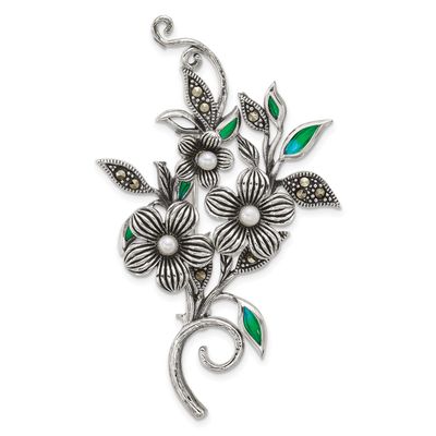 Marcasite Fwc Pearl and Green Epoxy Floral Pin Sterling Silver Antiqued, MPN: QP5924, UPC: