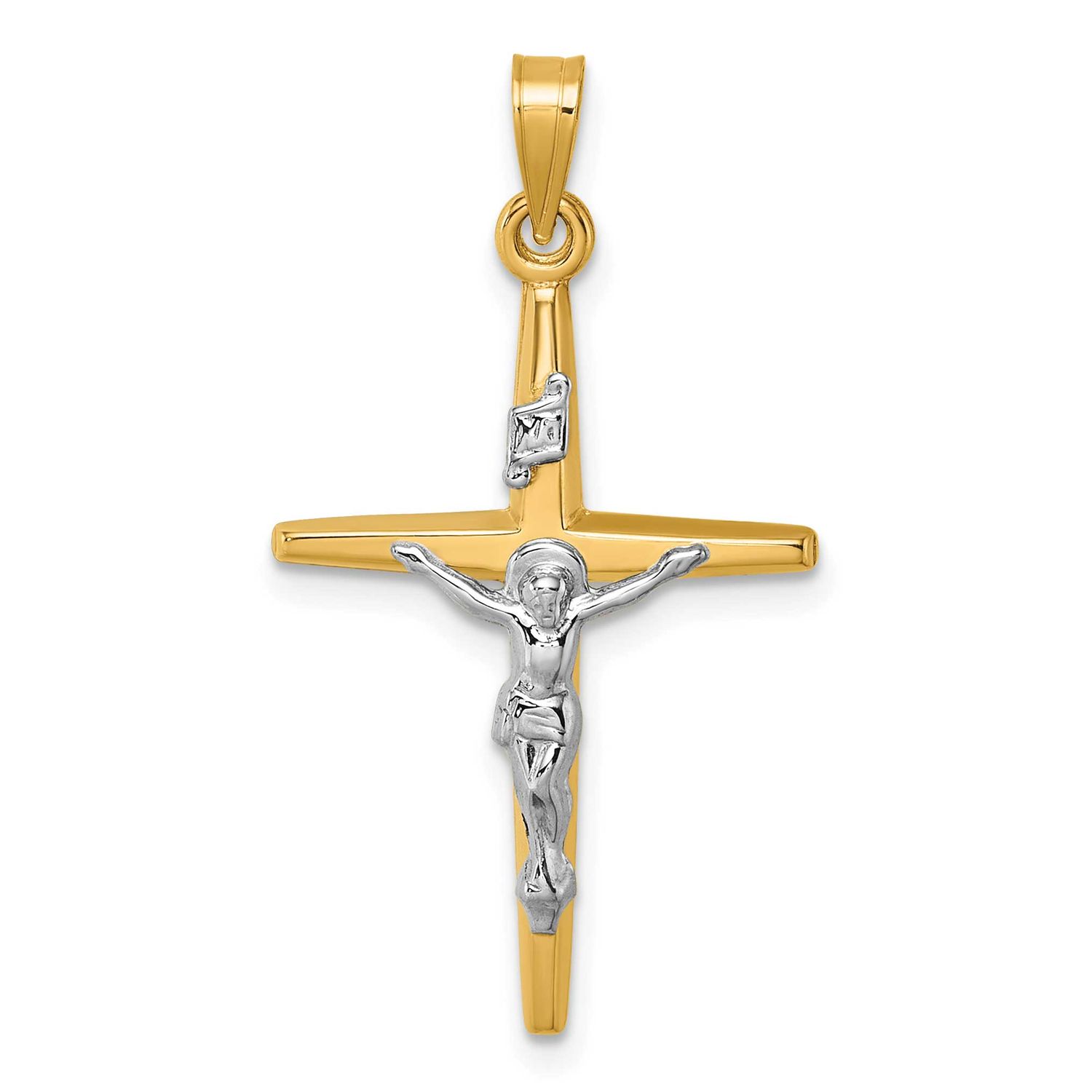 Inri Crucifix Cross Pendant 14k Gold with Rhodium Polished, MPN: XR2178, UPC: