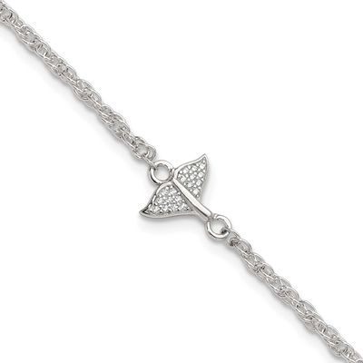 CZ Whale Tail 9 Inch Plus 1 Inch Extension Anklet Sterling Silver Polished, MPN: QG6894-9, UPC: