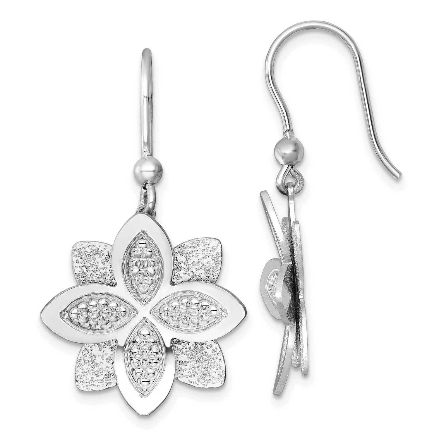 Brushed/Textured Flower Dangle Earrings Sterling Silver Rhodium-Plated Polished, MPN: QG6974E, UPC: