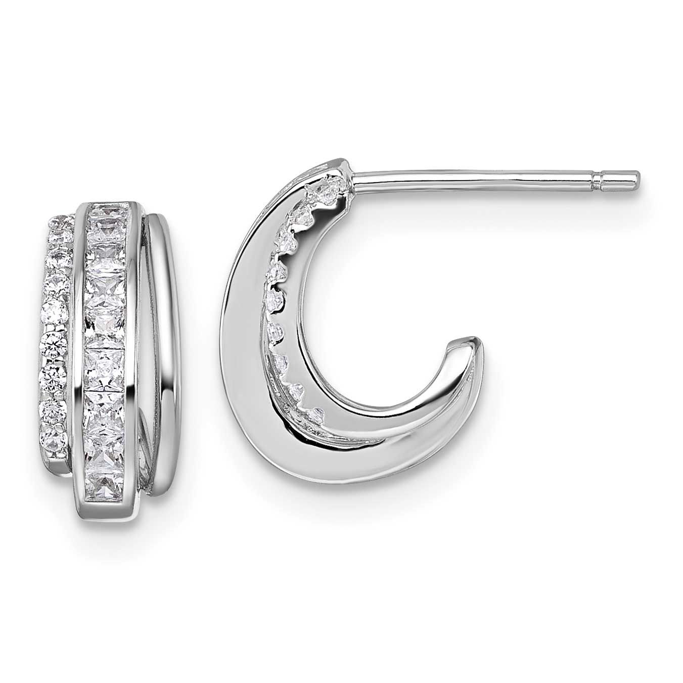 Polished CZ Post J-Hoop Earrings Sterling Silver Rhodium-Plated, MPN: QE18072, UPC: