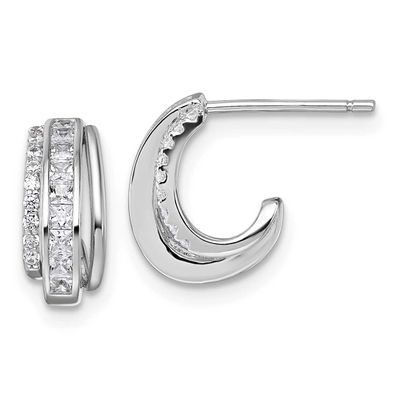 Polished CZ Post J-Hoop Earrings Sterling Silver Rhodium-Plated, MPN: QE18072, UPC: