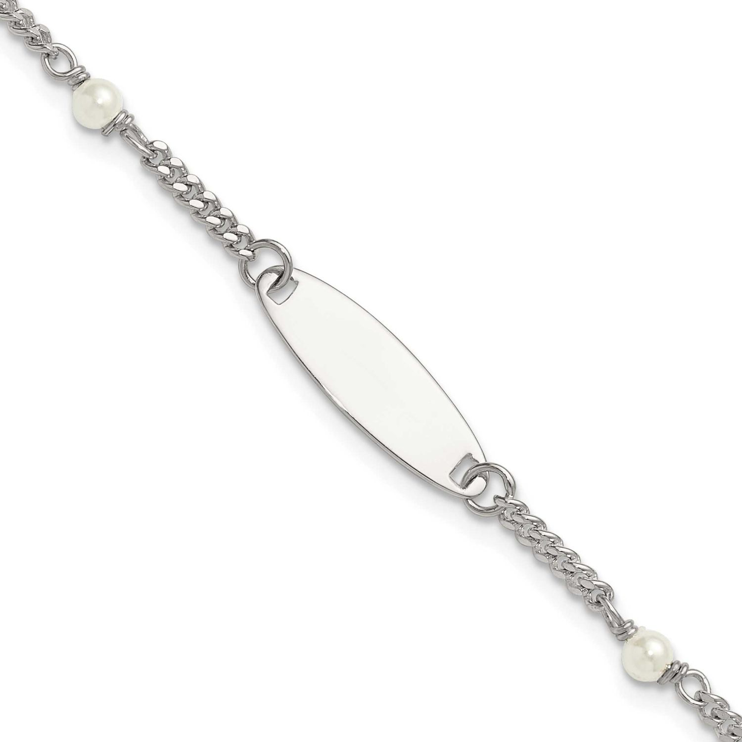Curb Link and Acrylic Pearl 5 Inch with 1 Inch Extension Childrens ID Bracelet Sterling Silver Poli…